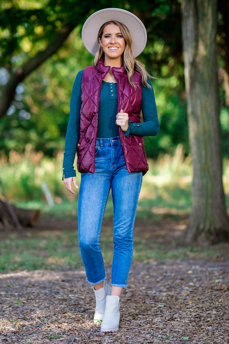 Burgundy Quilted Puffer Vest - Filly Flair