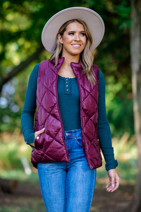 Burgundy Quilted Puffer Vest - Filly Flair