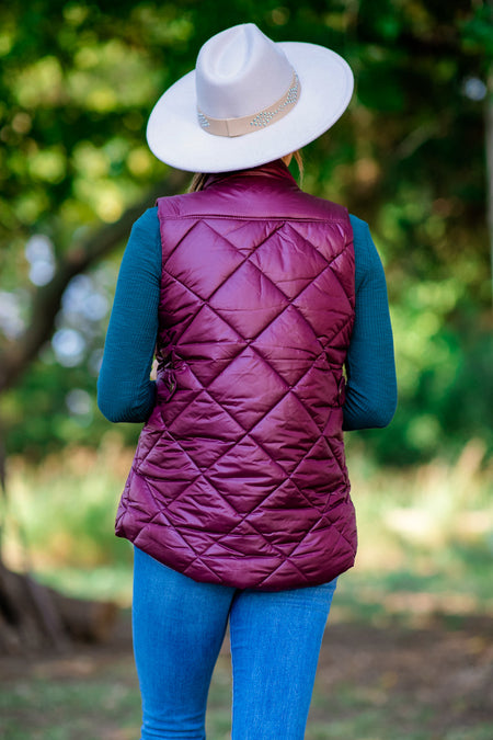 Burgundy Quilted Puffer Vest - Filly Flair