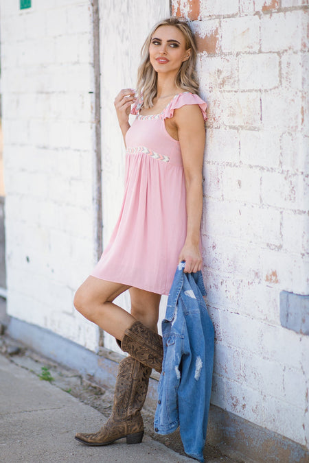 Baby Pink Chevron Trim Babydoll Dress - Filly Flair