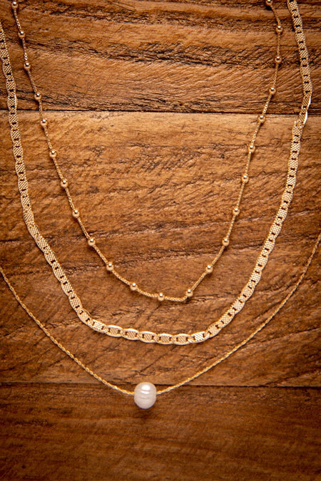 Gold Multi Strand Necklace With Pearl - Filly Flair