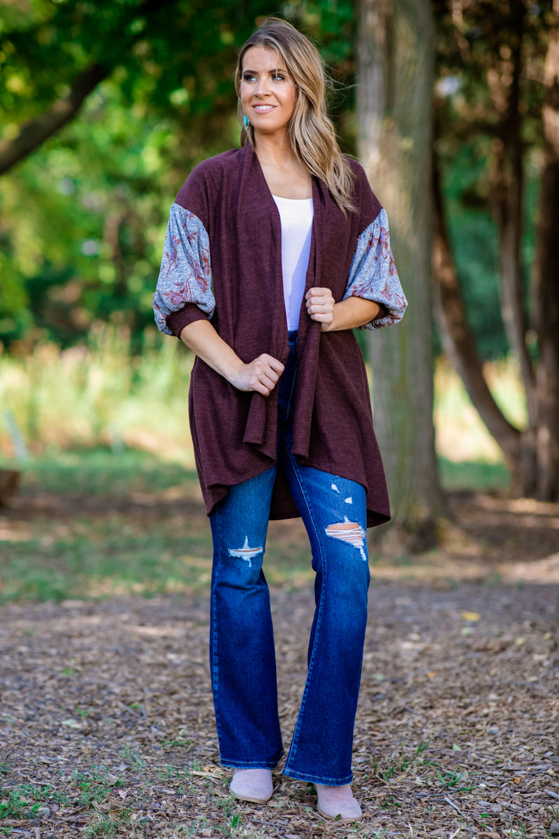 Brown Floral Print Sleeve Cardigan - Filly Flair