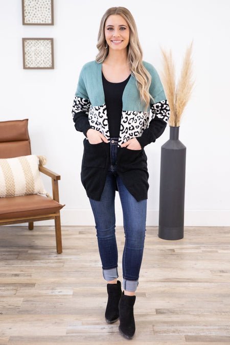 Mint Animal Print Colorblock Cardigan - Filly Flair