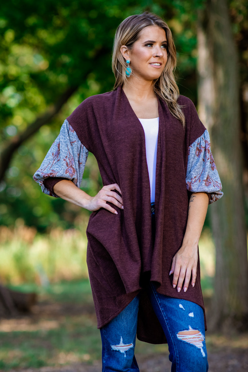 Brown Floral Print Sleeve Cardigan - Filly Flair