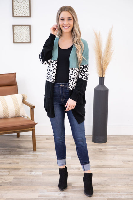 Mint Animal Print Colorblock Cardigan - Filly Flair