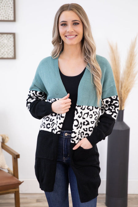 Mint Animal Print Colorblock Cardigan - Filly Flair