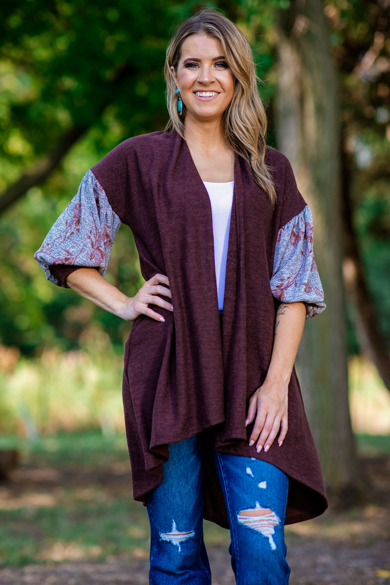 Brown Floral Print Sleeve Cardigan - Filly Flair