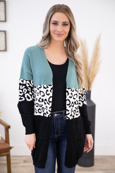 Mint Animal Print Colorblock Cardigan - Filly Flair