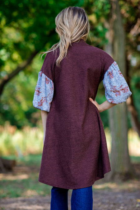 Brown Floral Print Sleeve Cardigan - Filly Flair