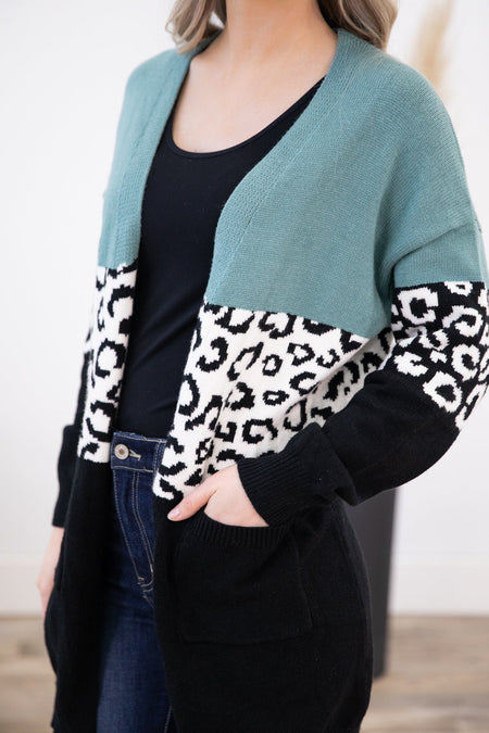 Mint Animal Print Colorblock Cardigan - Filly Flair