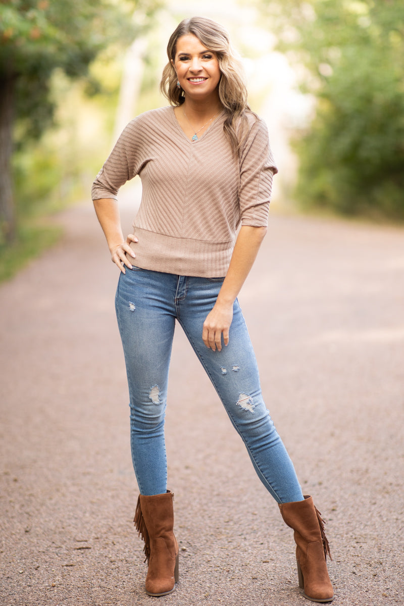 Taupe Textured V-Neck Dolman Sleeve Top - Filly Flair