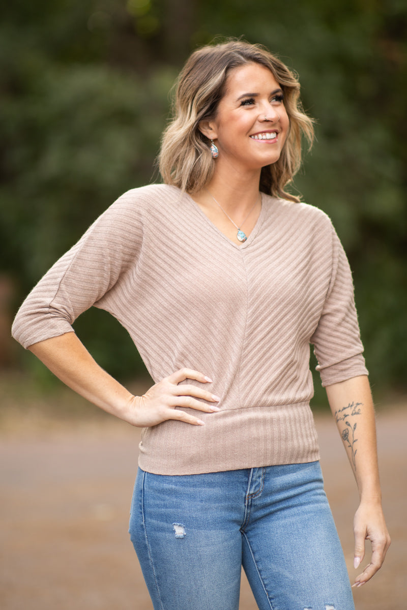 Taupe Textured V-Neck Dolman Sleeve Top - Filly Flair