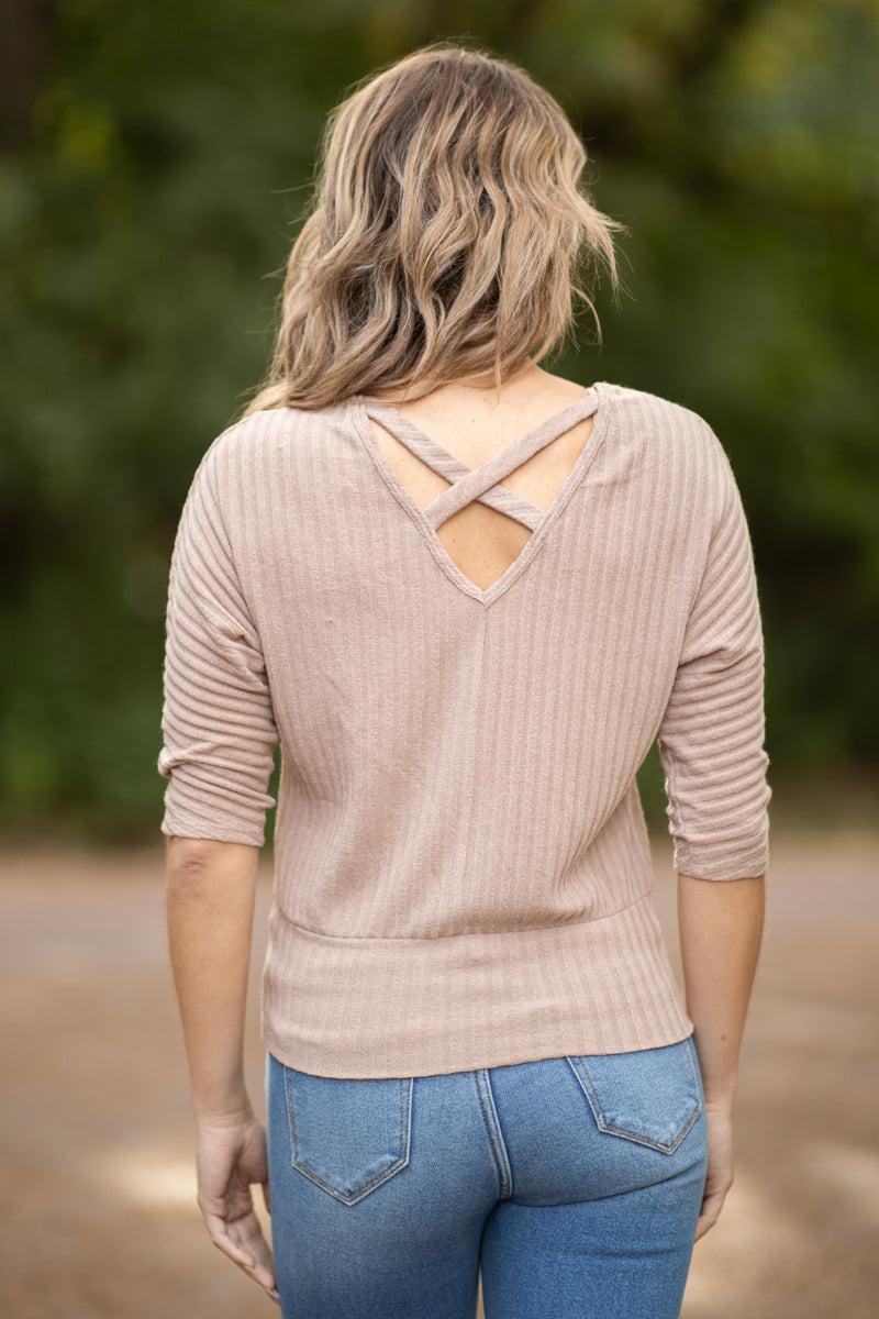 Taupe Textured V-Neck Dolman Sleeve Top - Filly Flair