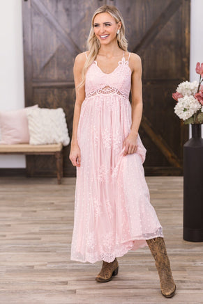 Dusty Rose Crochet Lace Bodice Maxi Dress - Filly Flair