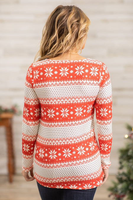 Red and Ivory Fair Isle Henley Top - Filly Flair