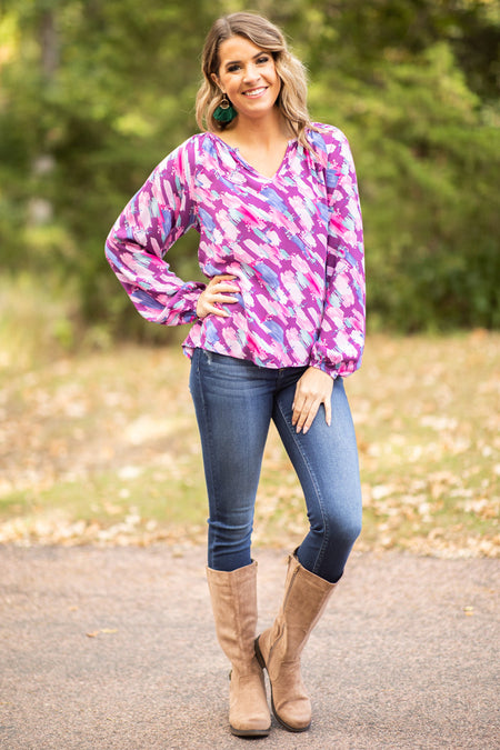 Purple Multicolor Abstract Print Top - Filly Flair