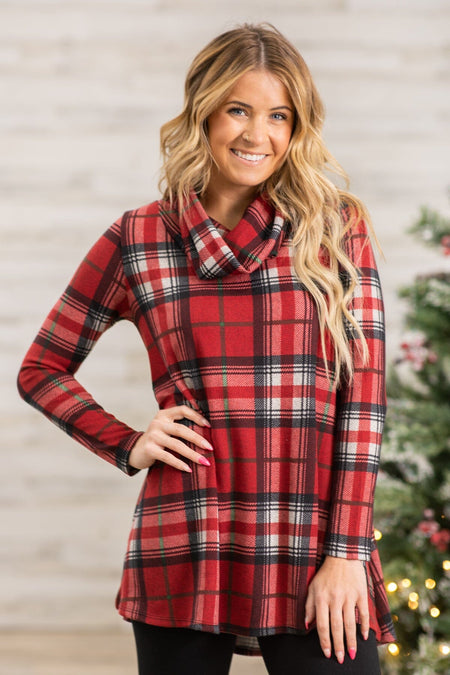 Red Plaid Cowl Neck Tunic - Filly Flair