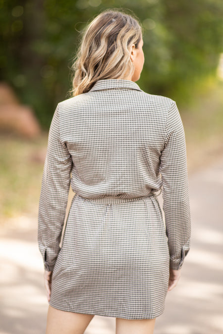 Brown and Beige Houndstooth Shirt Dress - Filly Flair