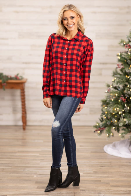 Red Buffalo Plaid Hi Lo Button Up Top - Filly Flair