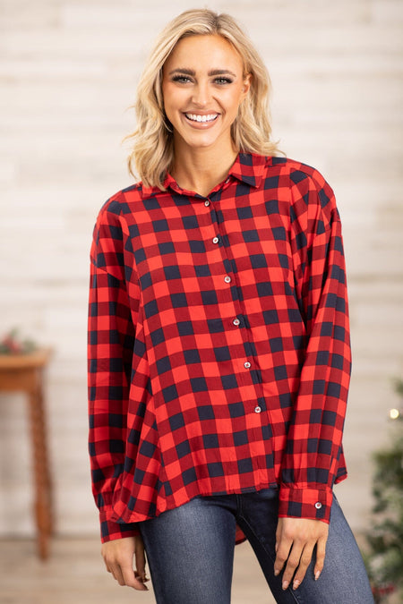 Red Buffalo Plaid Hi Lo Button Up Top - Filly Flair