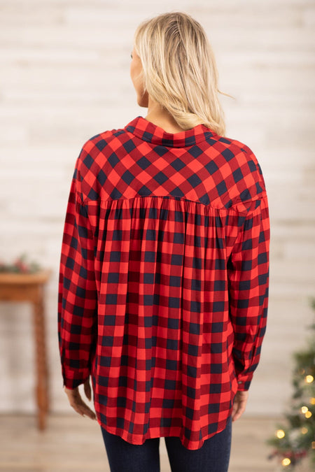 Red Buffalo Plaid Hi Lo Button Up Top - Filly Flair