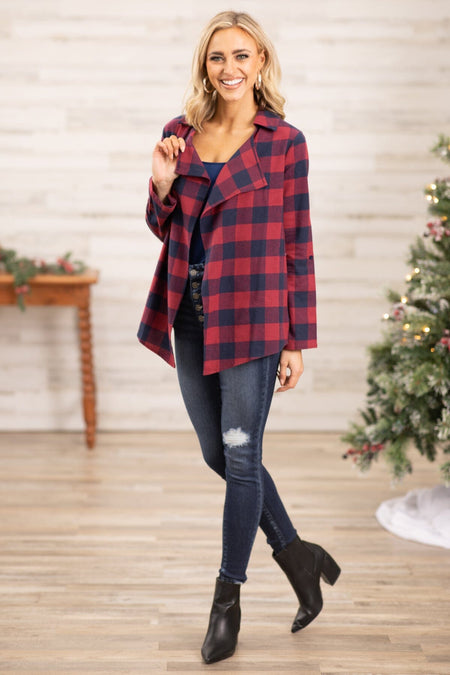 Cranberry and Navy Plaid Roll Sleeve Cardigan - Filly Flair