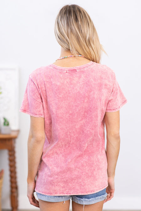 Dusty Rose Washed Crew Neck Short Sleeve Top - Filly Flair