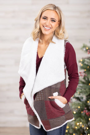 Burgundy and Brown Plaid Sherpa Vest - Filly Flair