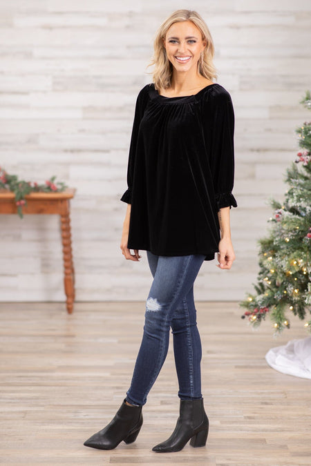 Black Square Neck Velvet Top - Filly Flair