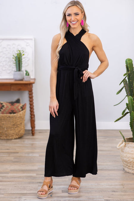 Black Convertible Strap Wide Leg Jumpsuit - Filly Flair