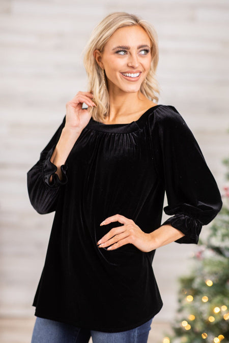 Black Square Neck Velvet Top - Filly Flair