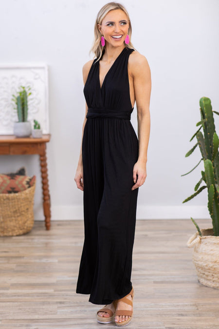 Black Convertible Strap Wide Leg Jumpsuit - Filly Flair