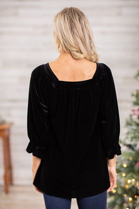 Black Square Neck Velvet Top - Filly Flair