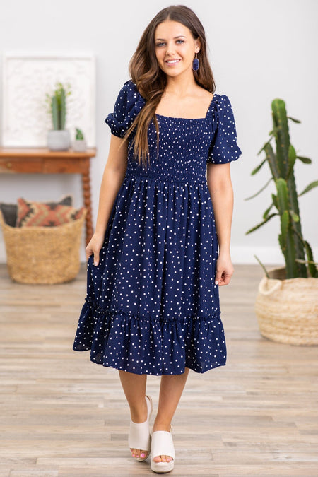 Navy and White Smocked Bodice Polka Dot Dress - Filly Flair