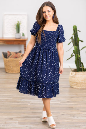 Navy and White Smocked Bodice Polka Dot Dress - Filly Flair