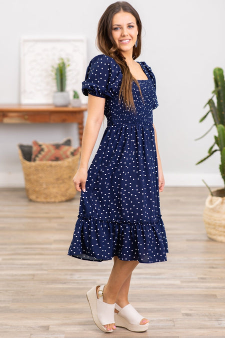 Navy and White Smocked Bodice Polka Dot Dress - Filly Flair