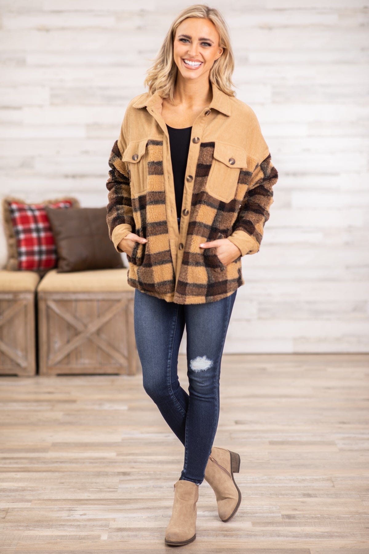 Tan Multicolor Plaid and Corduroy Shacket - Filly Flair