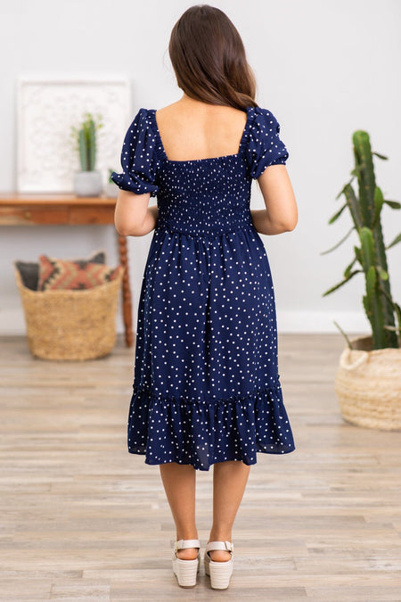 Navy and White Smocked Bodice Polka Dot Dress - Filly Flair