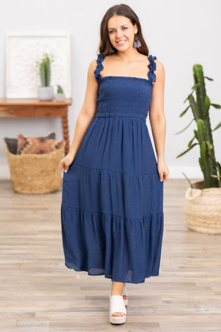 Navy Smocked Bodice Tiered Skirt Maxi Dress - Filly Flair