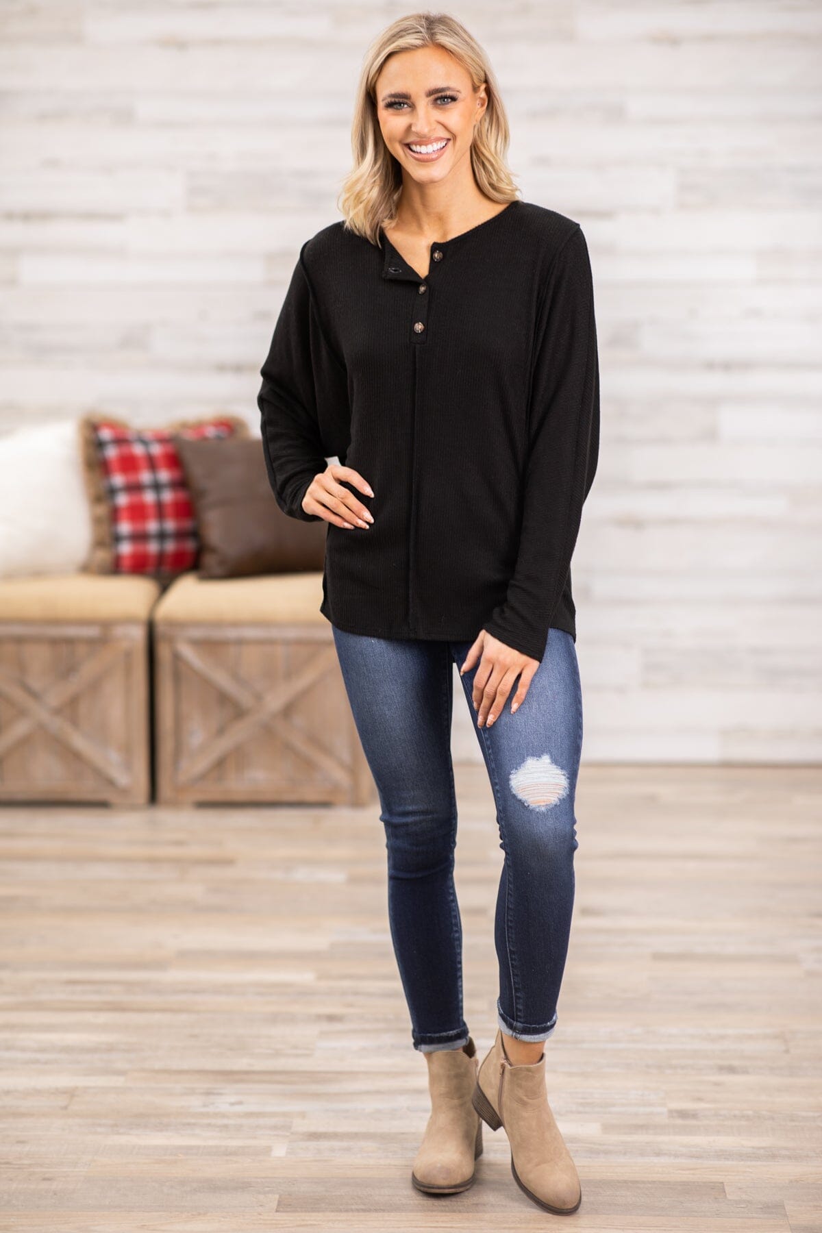 Black Long Sleeve Top With Button Detail - Filly Flair