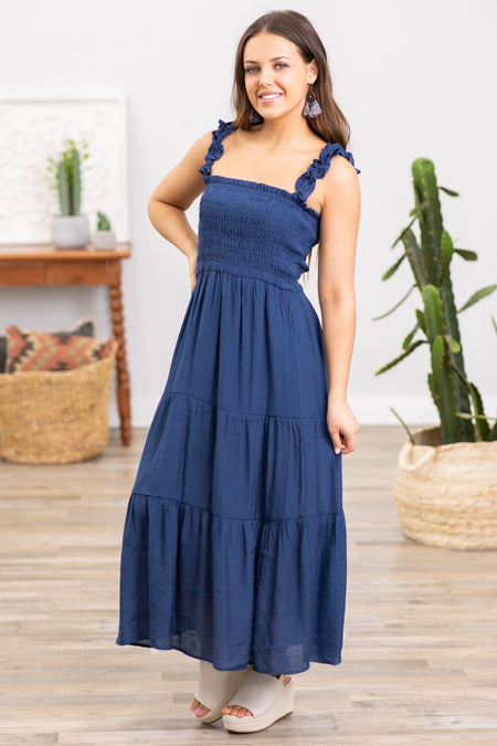 Navy Smocked Bodice Tiered Skirt Maxi Dress - Filly Flair