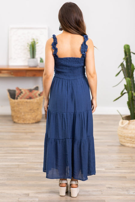 Navy Smocked Bodice Tiered Skirt Maxi Dress - Filly Flair