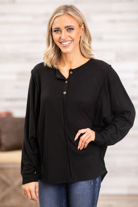 Black Long Sleeve Top With Button Detail - Filly Flair