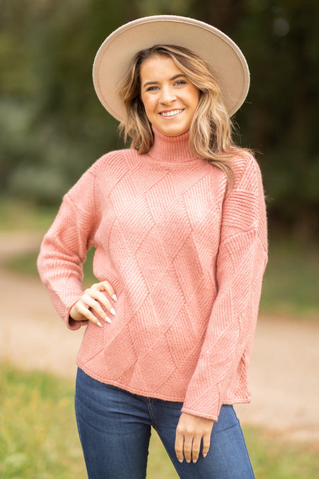 Coral Diamond Texture Turtleneck Sweater - Filly Flair