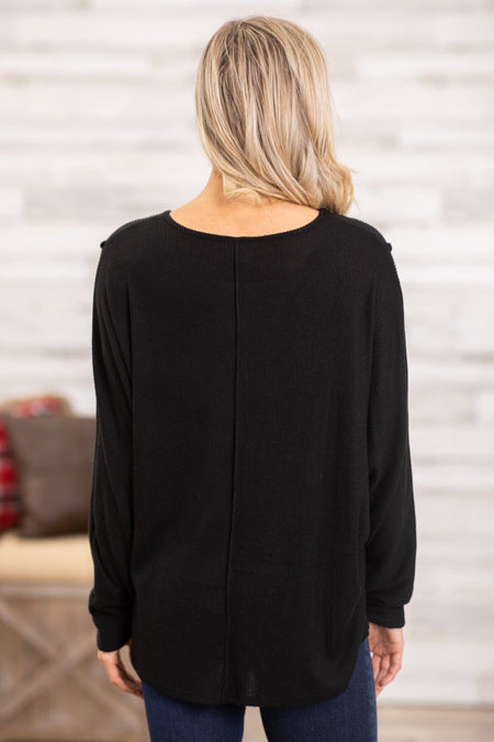 Black Long Sleeve Top With Button Detail - Filly Flair