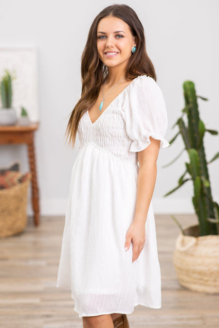 White Smocked Bodice Puff Sleeve Dress - Filly Flair