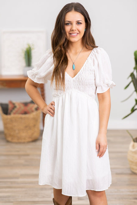 White Smocked Bodice Puff Sleeve Dress - Filly Flair