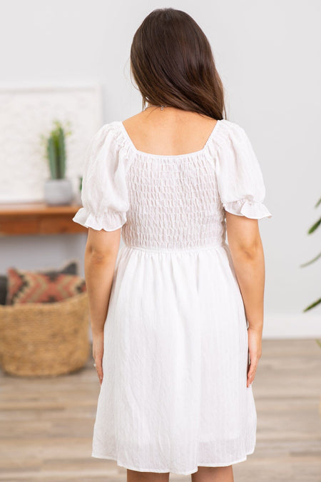 White Smocked Bodice Puff Sleeve Dress - Filly Flair