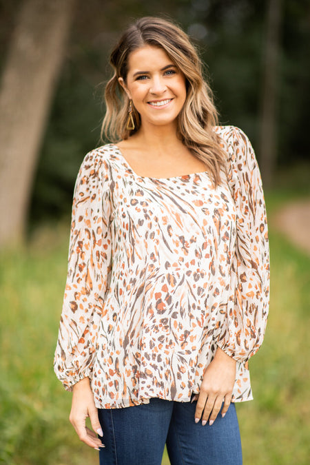 White and Tan Abstract Print Square Neck Top - Filly Flair