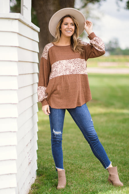 Brown and Tan Animal Print Colorblock Top - Filly Flair